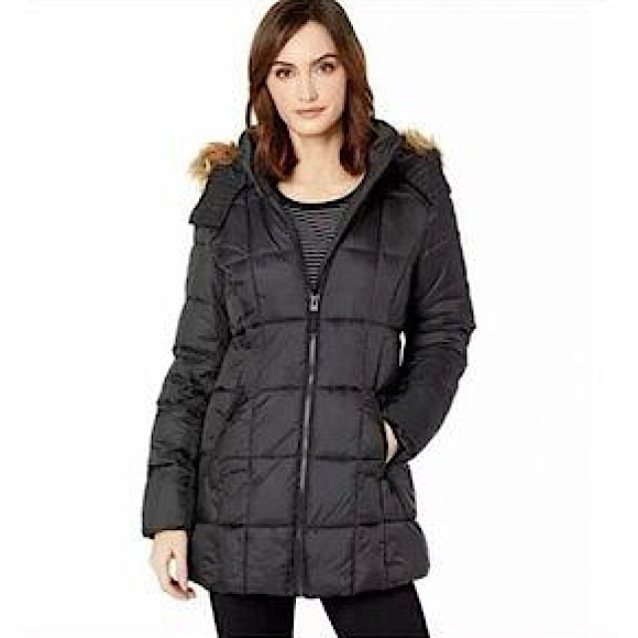 London Fog Black Puffer Coat Zip Front With Faux Fur Hood and Real Feather Down - Picture 12 of 12